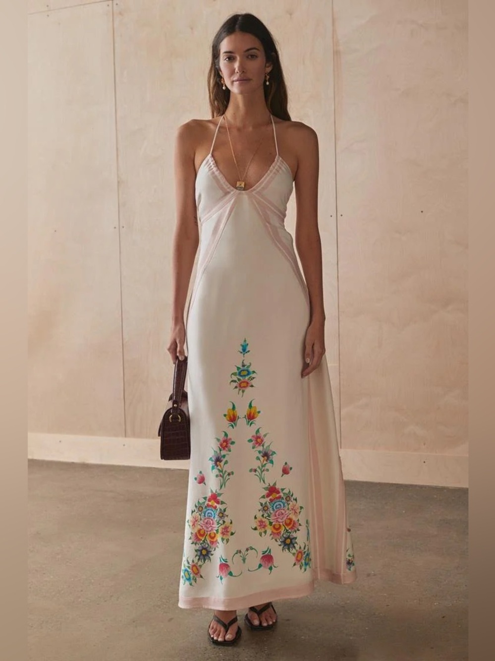 Commense Cream Halter Maxi Dress with Floral Embroidery